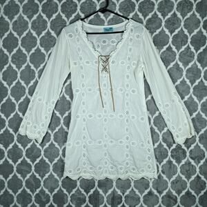 Letarte Tunic Dress Womens Medium White Eyelet Crochet Lace Cover Up Beach